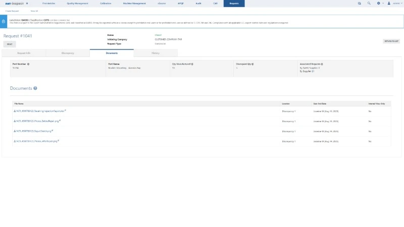 Net-Inspect Request documents tab displaying attached files with file names, content types, upload dates, and file sizes for supporting documentation